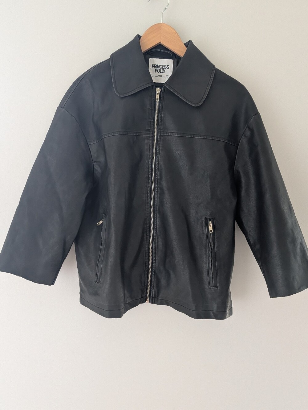 Princess Polly Black Faux Leather Oversized Jacket US 2 Distressed 3/4 Sleeve